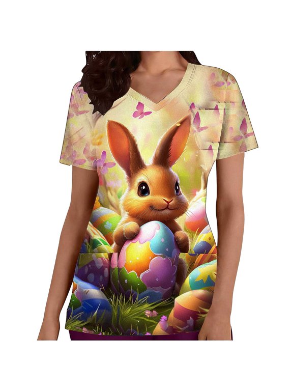 Women's Easter Print V-Neck Short Sleeve Blouse with Pockets, Retro Floral Bunny Top, Soft & Casual Spring Shirt for Women S-2XL