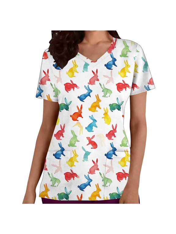 Women's Easter Print V-Neck Short Sleeve Blouse with Pockets, Retro Floral Bunny Top, Soft & Casual Spring Shirt for Women S-2XL
