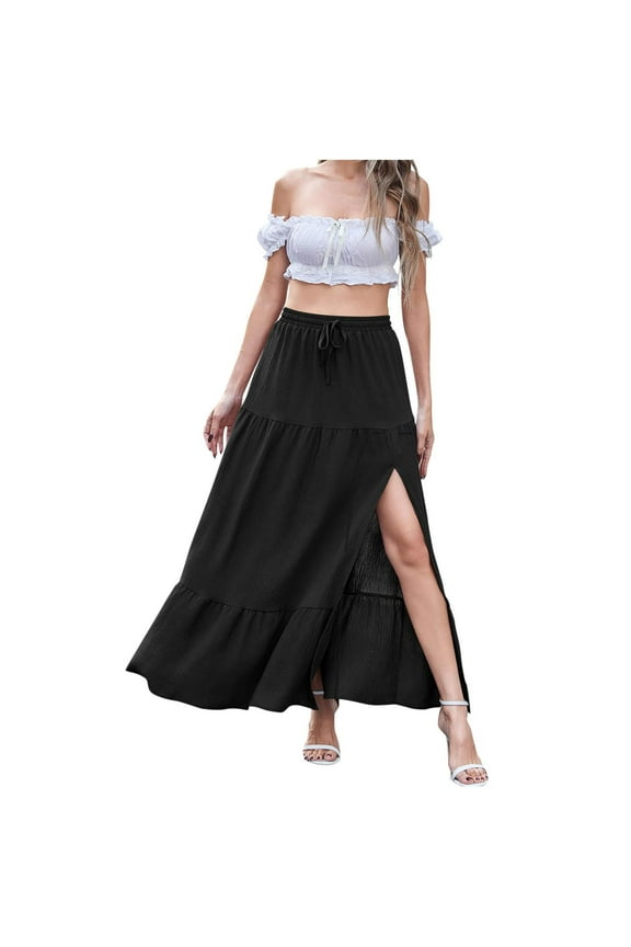 Women's Elastic Waist Drawstring Ruffled Hem Side Slit Maxi Skirt, Solid Color Pre - Shrunk Stretchy Washed Crepe Plus Size S - 2XL