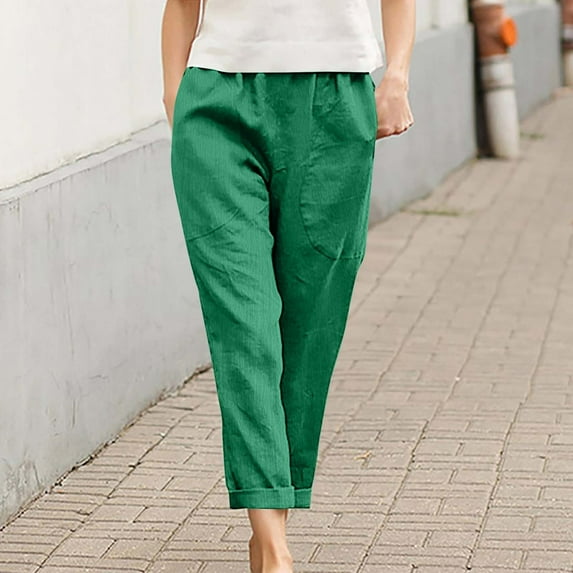 Tnhcen Women's Elastic Waist Washed Crease Trousers Pre-Shrunk Side Pocket Casual Pants S-2XL Multiple Colors Available