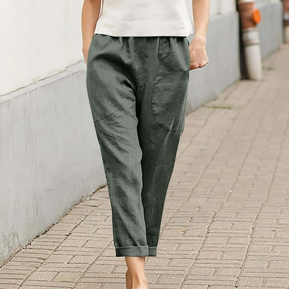 Tnhcen Women's Elastic Waist Washed Crease Trousers Pre-Shrunk Side Pocket Casual Pants S-2XL Multiple Colors Available