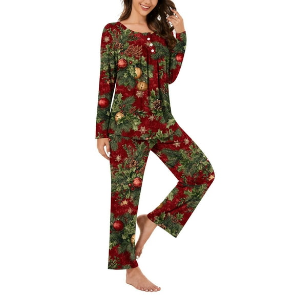 Tnhcen Women's Elegant Holiday Print Two-Piece Pajamas V-Neck Long Sleeve Pants Christmas Nightwear Loungewear Snug Home Clothes S-3XL