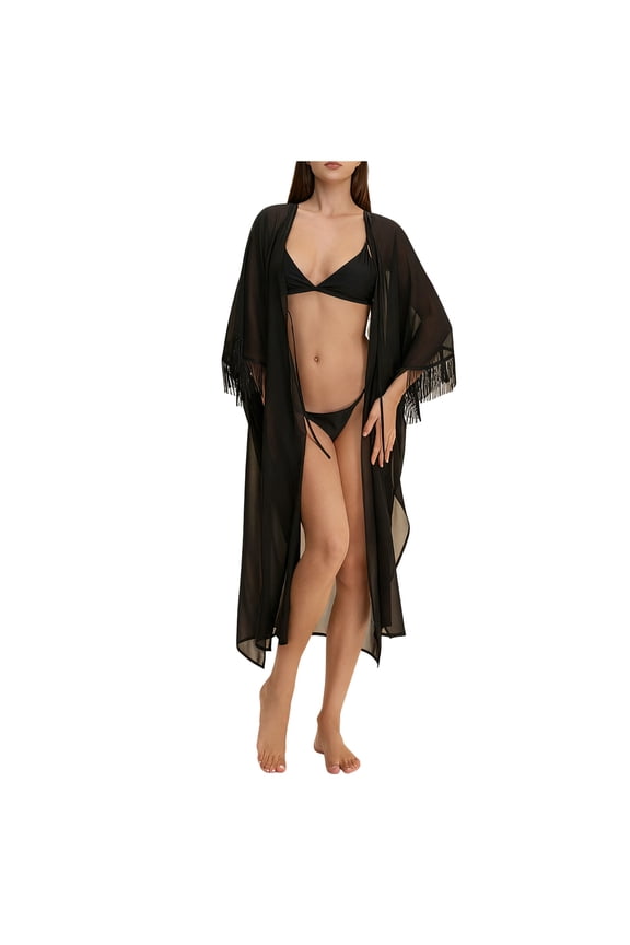 Women's Elegant Vintage Sheer Sleep Robe 100% Polyester Luxurious Tassel Kimono Style Free Size Home Spa Beach Cover Up Sleepwear