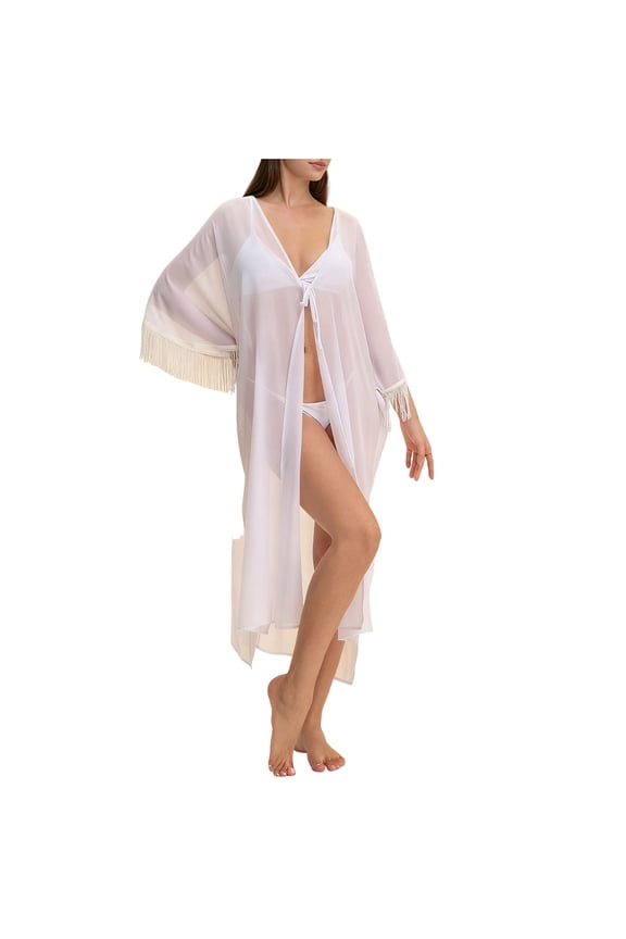 Women's Elegant Vintage Sheer Sleep Robe 100% Polyester Luxurious Tassel Kimono Style Free Size Home Spa Beach Cover Up Sleepwear
