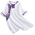 thumbnail image 1 of Tnhcen Women's Embroidered Linen Cotton Blend Top - Vintage Floral Short Sleeve Blouse, Loose Fit Round Neck Casual Shirt, Plus Size M-3XL, Breathable & Stylish for Everyday Wear, 1 of 6