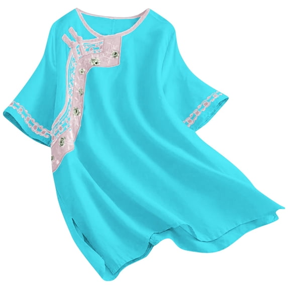 Tnhcen Women's Embroidered Linen Cotton Blend Top - Vintage Floral Short Sleeve Blouse, Loose Fit Round Neck Casual Shirt, Plus Size M-3XL, Breathable & Stylish for Everyday Wear
