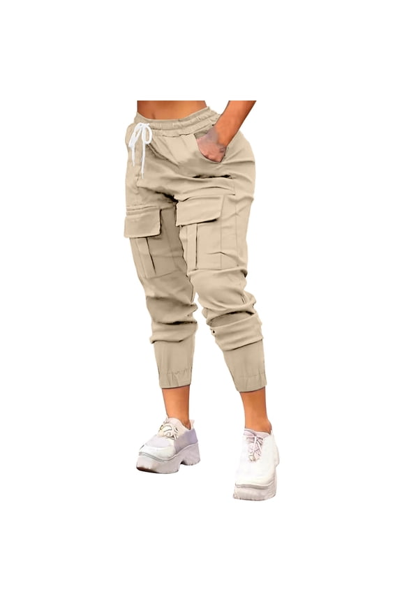 Women's Essential Skinny Cargo Pants with Elastic Ankle Cuffs - Multi-Pocket Design Stretch Waist Workout & Casual Wear S-2XL