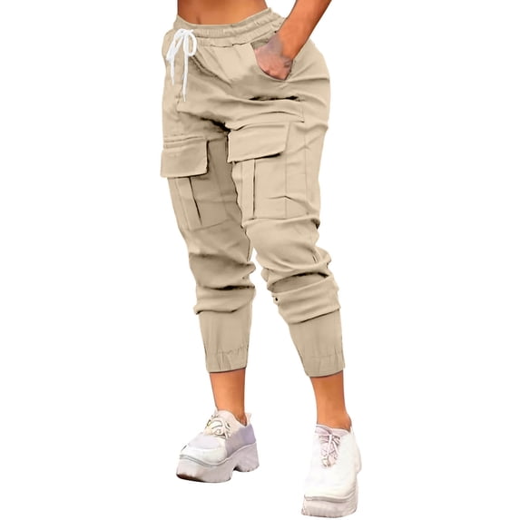 Tnhcen Women's Essential Skinny Cargo Pants with Elastic Ankle Cuffs - Multi-Pocket Design Stretch Waist Workout & Casual Wear S-2XL