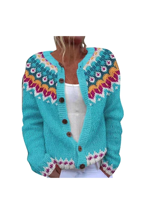 Women's Ethnic Jacquard Cardigan Boho Embroidery Sweater Acrylic Knitwear Open Front Loose Fit Plus Size S-5XL Floral Pattern Button Up
