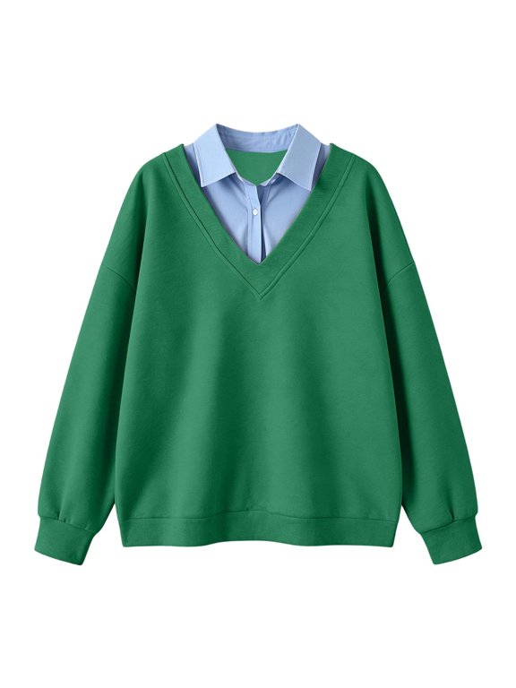 Women's Fake Layered Collar Sweatshirt V Neck Long Sleeve Solid Color Pullover Top Casual Loose Fit Blouse Shirt Overlay Design Autumn Winter Plus Size S-3XL