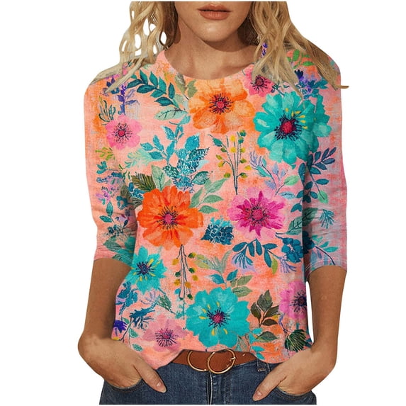 Tnhcen Women's Fall Colorful Print Crewneck 3/4 Sleeve Loose Fit T-Shirt - Plus Size Friendly Autumn Essential Tops S-5XL