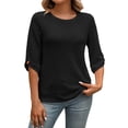 thumbnail image 1 of Tnhcen Women's Fall Crewneck Waffle Blouses - Rayon Cotton Blend Medium Sleeve Tops Plus Size Friendly Basic Shirts (S-2XL), 1 of 6