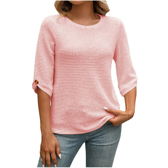 Tnhcen Women's Fall Crewneck Waffle Blouses - Rayon Cotton Blend Medium Sleeve Tops Plus Size Friendly Basic Shirts (S-2XL)