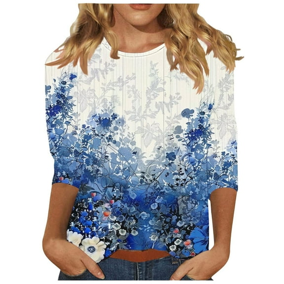 Tnhcen Women's Fall Floral Print Crewneck 3/4 Sleeve Loose Fit Basic Tops - Plus Size Friendly Autumn Shirts S-3XL