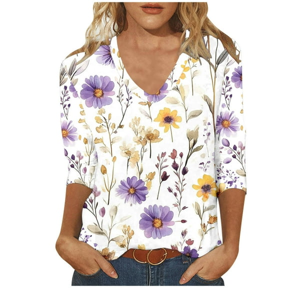 Tnhcen Women's Fall Floral Print V-Neck 3/4 Sleeve Retro Loose Fit Casual Tops - Plus Size Friendly Vintage Shirts S-3XL