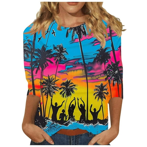 Tnhcen Women's Fall Hawaiian Print Crewneck 3/4 Sleeve Casual Vacation Shirts - Plus Size Friendly Tropical Tops S-3XL