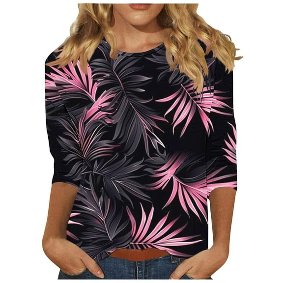 Tnhcen Women's Fall Hawaiian Print Crewneck 3/4 Sleeve Casual Vacation Shirts - Plus Size Friendly Tropical Tops S-3XL