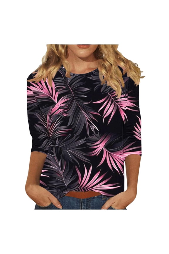 Tnhcen Women's Fall Hawaiian Print Crewneck 3/4 Sleeve Casual Vacation Shirts - Plus Size Friendly Tropical Tops S-3XL