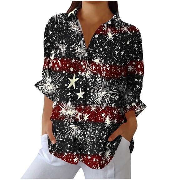 Tnhcen Women's Fall Independence Day Print Button-Up Shirt | Loose Fit Stretchy Comfort | Pre-Shrunk Linen-Like Tops | S-2XL