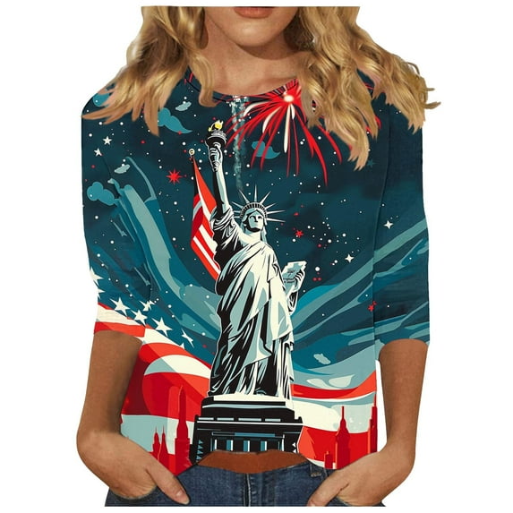 Tnhcen Women's Fall Independence Day Print Crewneck 3/4 Sleeve Loose Fit Patriotic Graphic Tops - Plus Size Friendly Autumn Shirts S-3XL