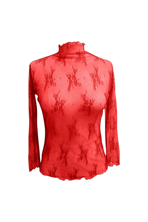 Women's Fall Mesh Long Sleeve High Neck Tops - Floral Embroidery Tulle Shirts Breathable Sexy Casual S-XL