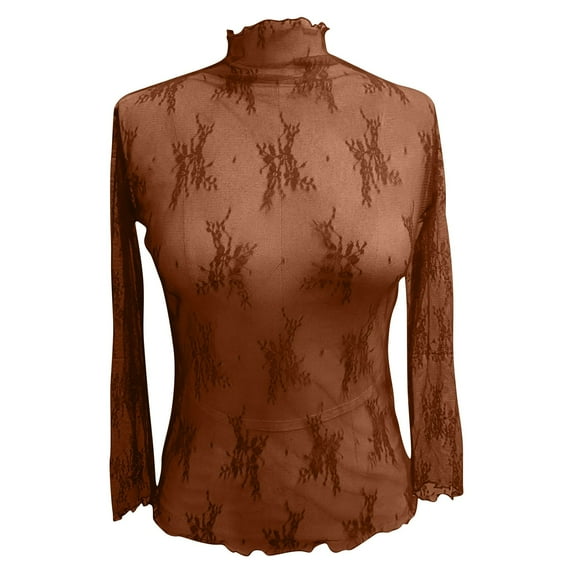 Tnhcen Women's Fall Mesh Long Sleeve High Neck Tops - Floral Embroidery Tulle Shirts Breathable Sexy Casual S-XL