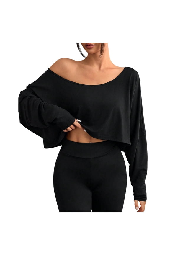Women's Fall Oversized Off-Shoulder T-Shirt | Loose Fit Slip-On Top with One-Shoulder Neckline | Soft Spandex Blend Large Size Casual Shirt