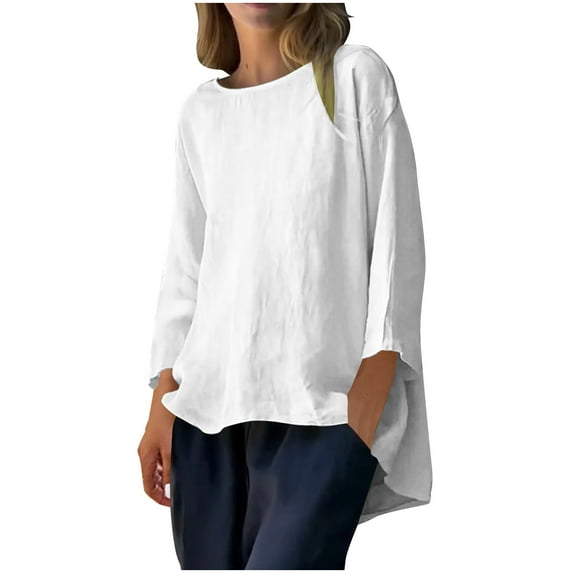 Tnhcen Women's Fall Solid Color Crewneck 3/4 Sleeve Loose Fit Long Hem Cotton-Linen Blend Shirts - Plus Size Friendly Autumn Tops S-4XL