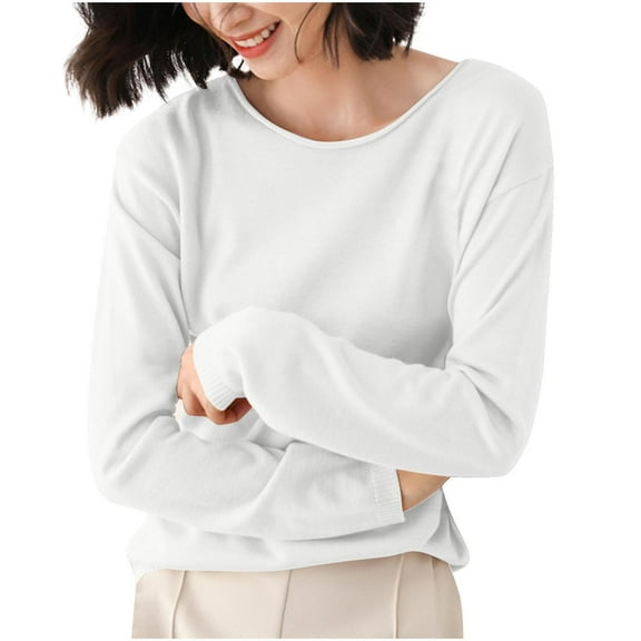 Tnhcen Women's Fall Solid Knit Long Sleeve Crewneck Sweater - Plus Size Friendly Basic Casual Tops S-2XL