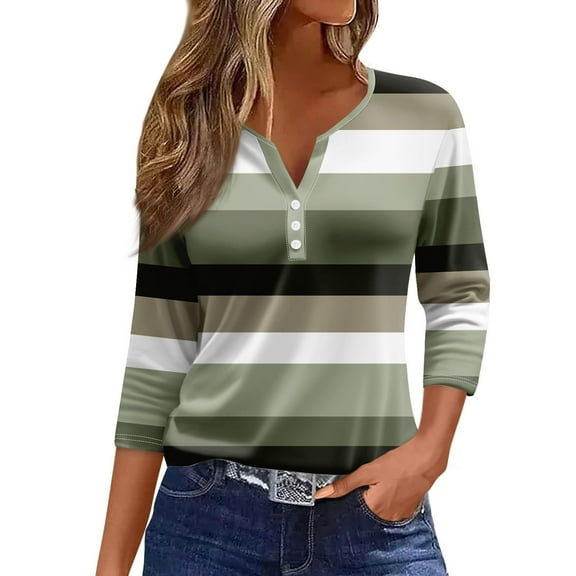 Tnhcen Women's Fall Striped Henley Button-Down 3/4 Sleeve Casual Basic Shirts - Plus Size Friendly Essential Tops S-3XL