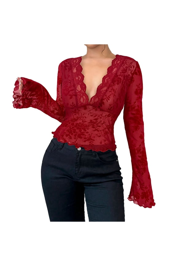 Women's Fall V Neck Lace & Mesh Bell Sleeve Top - Sexy Party Gatherings Blouse Plus Size Friendly Long Sleeve Tops for Home Partys (S-2XL)