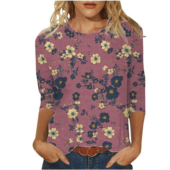 Tnhcen Women's Fall Vintage Floral Print Crewneck 3/4 Sleeve Loose Fit T-Shirt - Plus Size Friendly Autumn Basic Tops S-5XL