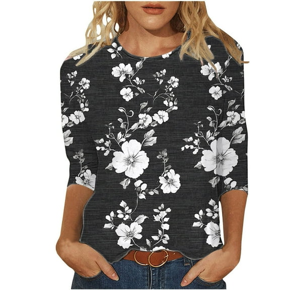Tnhcen Women's Fall Vintage Floral Print Crewneck 3/4 Sleeve Loose Fit T-Shirt - Plus Size Friendly Autumn Basic Tops S-5XL