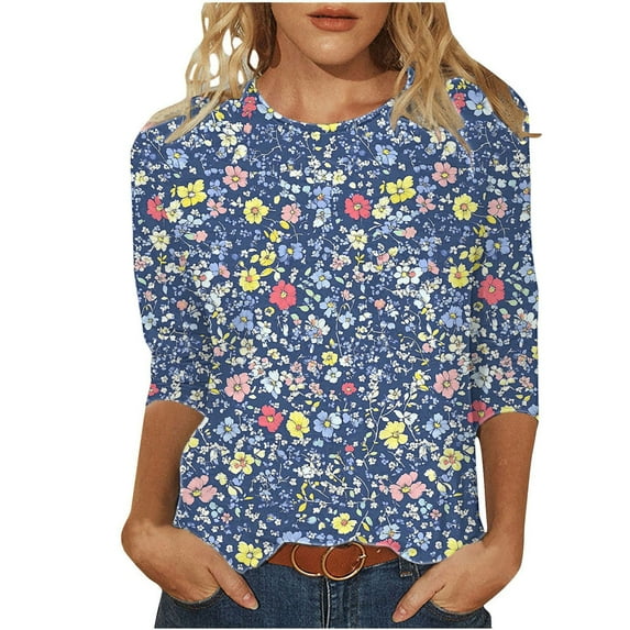 Tnhcen Women's Fall Vintage Floral Print Crewneck 3/4 Sleeve Loose Fit T-Shirt - Plus Size Friendly Autumn Basic Tops S-5XL