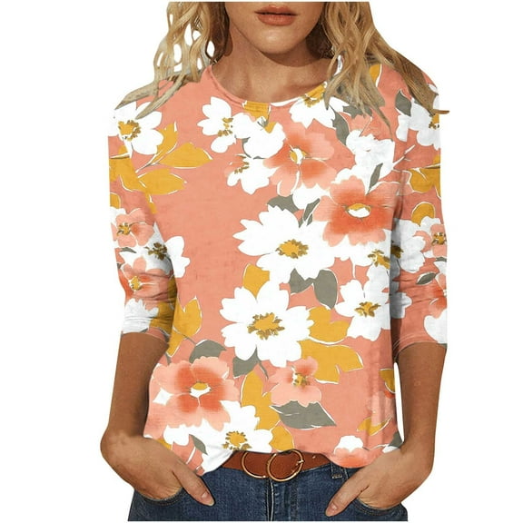 Tnhcen Women's Fall Vintage Floral Print Crewneck 3/4 Sleeve Loose Fit T-Shirt - Plus Size Friendly Autumn Basic Tops S-5XL