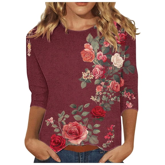 Tnhcen Women's Fall Vintage Print Crewneck 3/4 Sleeve Loose Fit T-Shirt - Plus Size Friendly Autumn Essentials S-3XL