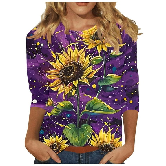 Tnhcen Women's Fall Vintage Print Crewneck 3/4 Sleeve Loose Fit T-Shirt - Plus Size Friendly Autumn Tops S-3XL