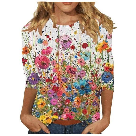 Tnhcen Women's Fall Vintage Print Crewneck 3/4 Sleeve Loose Fit T-Shirt - Plus Size Friendly Autumn Tops S-3XL