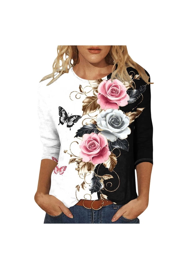Women's Fall Vintage Print Crewneck 7/8 Sleeve Basic T-Shirt - Plus Size Friendly Autumn Casual Tops S-5XL