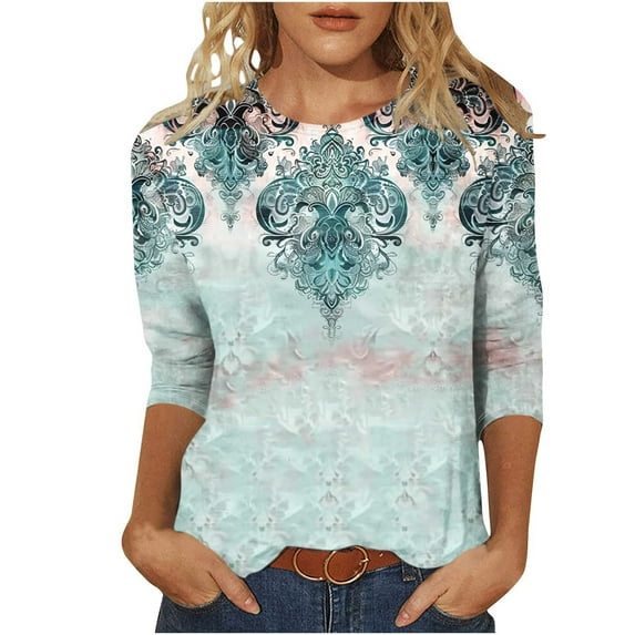 Tnhcen Women's Fall Vintage Print Crewneck 7/8 Sleeve Basic T-Shirt - Plus Size Friendly Autumn Casual Tops S-5XL