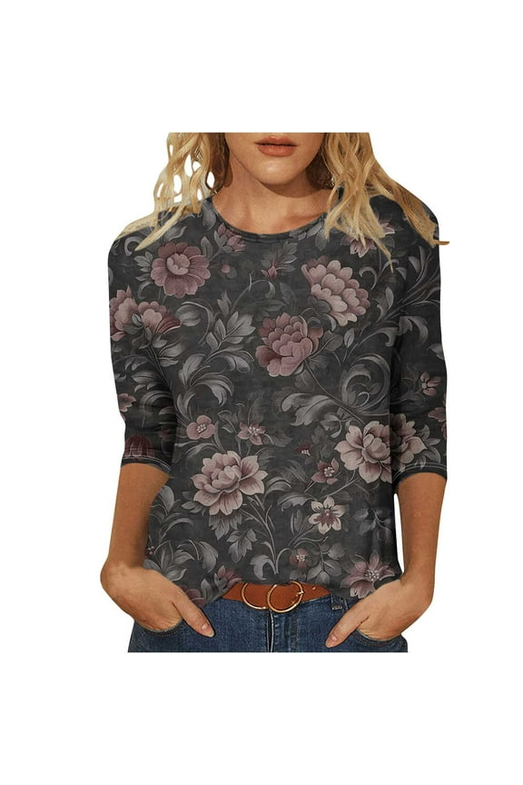 Women's Fall Vintage Print Crewneck 7/8 Sleeve Loose Fit Basic Graphic Tops - Plus Size Friendly Autumn Shirts S-5XL