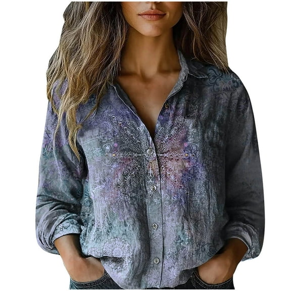 Tnhcen Women's Fall Vintage Print V Neck Button-Up Shirts - Loose Fit Cotton Linen Long Sleeve Blouses Plus Size Casual Basics (S-3XL)