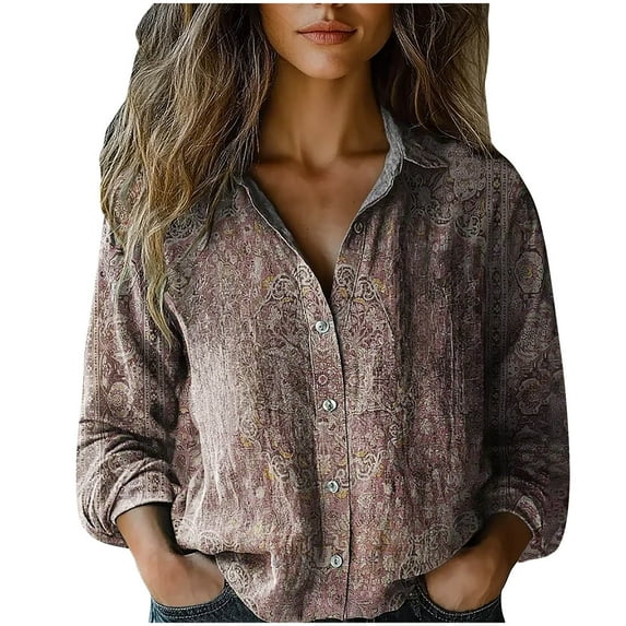 Tnhcen Women's Fall Vintage Print V Neck Button-Up Shirts - Loose Fit Cotton Linen Long Sleeve Blouses Plus Size Casual Basics (S-3XL)