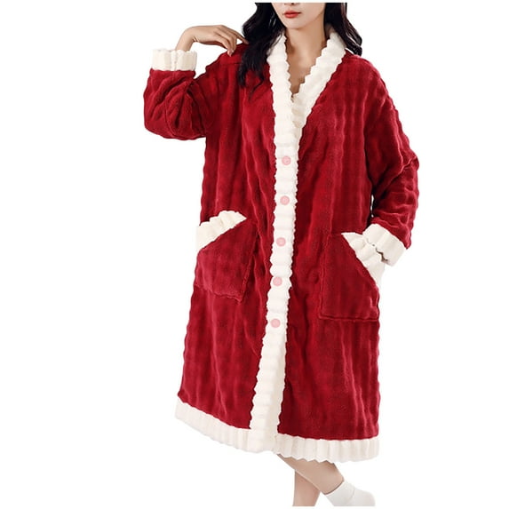 Tnhcen Women's Fall Winter Bathrobe - Soft Coral Fleece Color-Blocked Trim Robe with Turn-Down Collar | Quick-Dry Bathrobe for Women | Plus Size Bathrobe with Pockets & Tie Belt