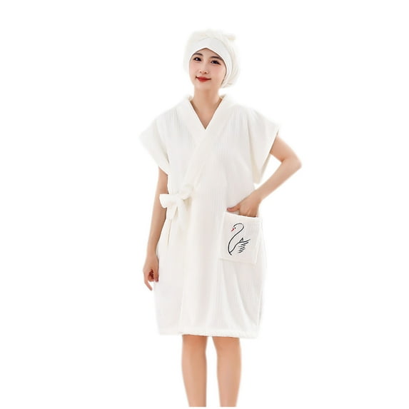 Tnhcen Women's Fall Winter Bathrobe - Soft Coral Fleece Embroidered Short Sleeve Robe with Tie Collar | Quick-Dry Bathrobe for Women | Plus Size w/ Bath Cap with Pockets