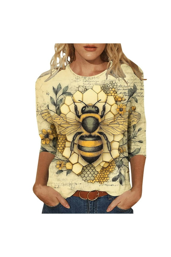 Women's Fall World Bee Day Print Crewneck 3/4 Sleeve Loose Fit T-Shirt - Plus Size Friendly Autumn Graphic Tops S-5XL