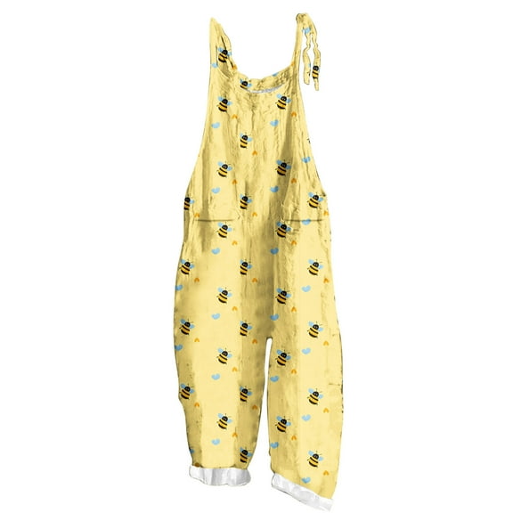 Tnhcen Women's Fashion Bee Print Wide Leg Jumpsuit with Adjustable Straps - Bamboo Linen S-2XL Casual Holiday Overalls