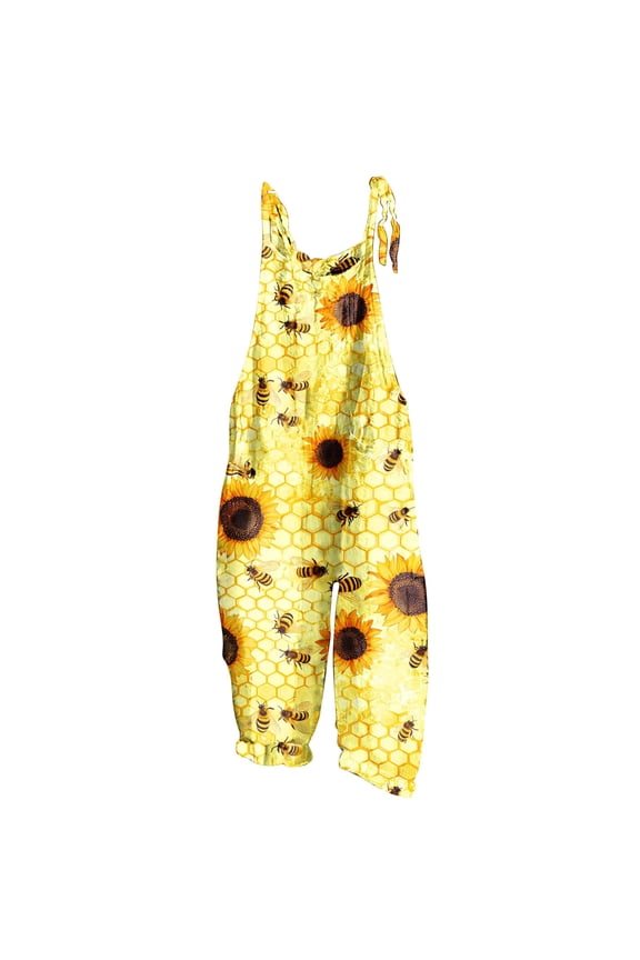 Women's Fashion Bee Print Wide Leg Jumpsuit with Adjustable Straps - Bamboo Linen S-2XL Casual Holiday Overalls