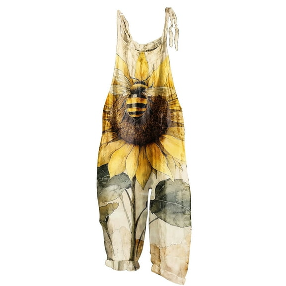 Tnhcen Women's Fashion Bee Print Wide Leg Jumpsuit with Adjustable Straps - Bamboo Linen S-2XL Casual Holiday Overalls