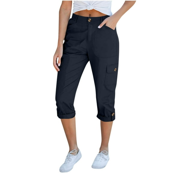 Tnhcen Women's Fashion Cargo Pants High-Waisted Loose Fit Streetwear Capri Pants with Multi-Pockets Adjustable Cuff Summer Casual Capri Pants for Women Twill S-2XL